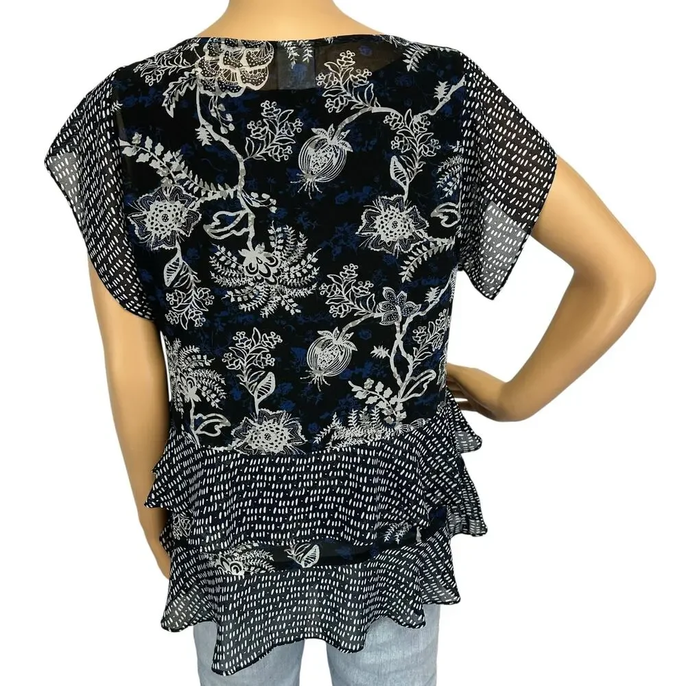 2/$15 Cabi Hybrid Layered Blouse Navy Blue Floral Ruffle Sleeve #5355 Size S